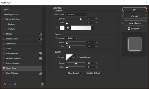 A screenshot of the outer glow settings